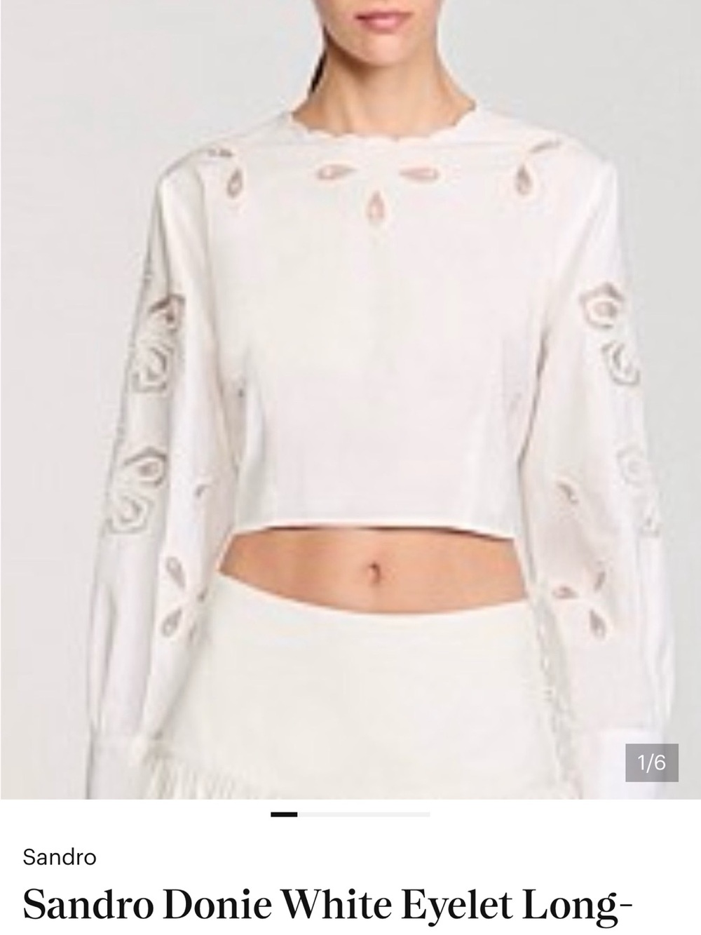 Sandro New White Donie Eyelet Long-Sleeve Crop Top with pearls. Size 2/US M